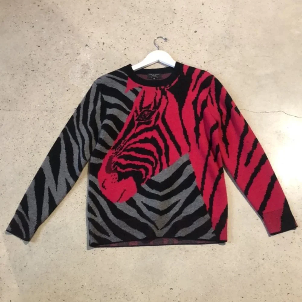 Rag & Bone Black and Pink Cashmere Zebra Crew Pullover - Picture 2 of 9